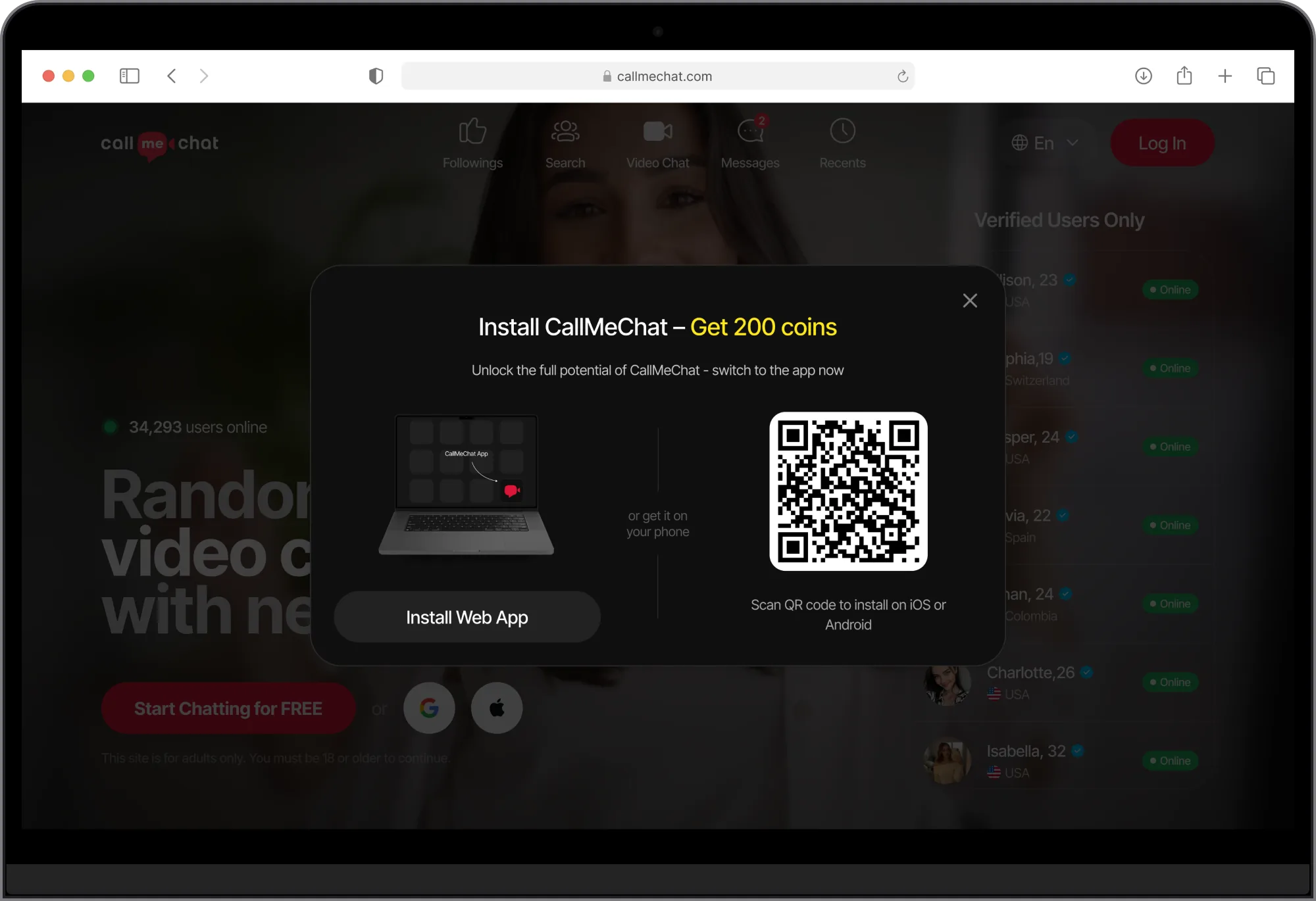Ventana de instalación de CallMeChat en el navegador