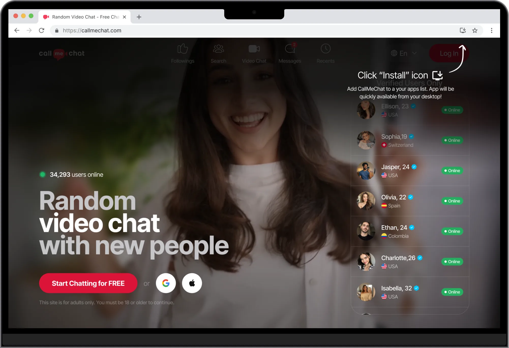 Pasos de instalación de CallMeChat en el dispositivo seleccionado