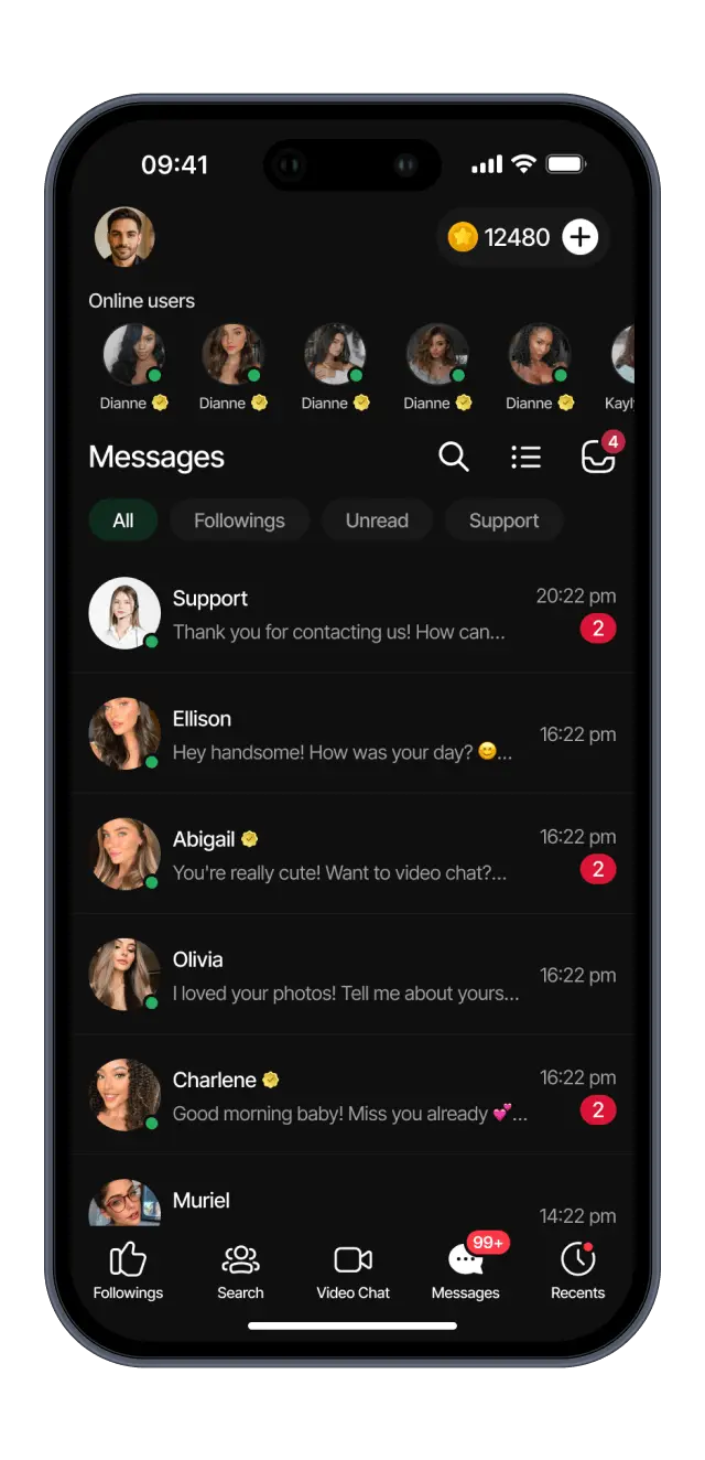 Video-Chat-Bildschirm mit Online-Nutzern und privaten Nachrichten